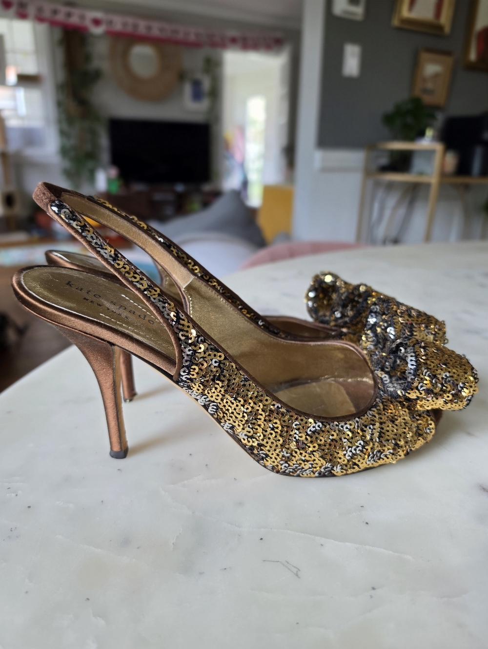 Vintage Kate Spade Carly Gold Sequin Slingback Peep-Toe Heels with Bow Size 8